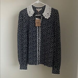 NWT Boden Blue and White Polka Dot Lace Blouse
